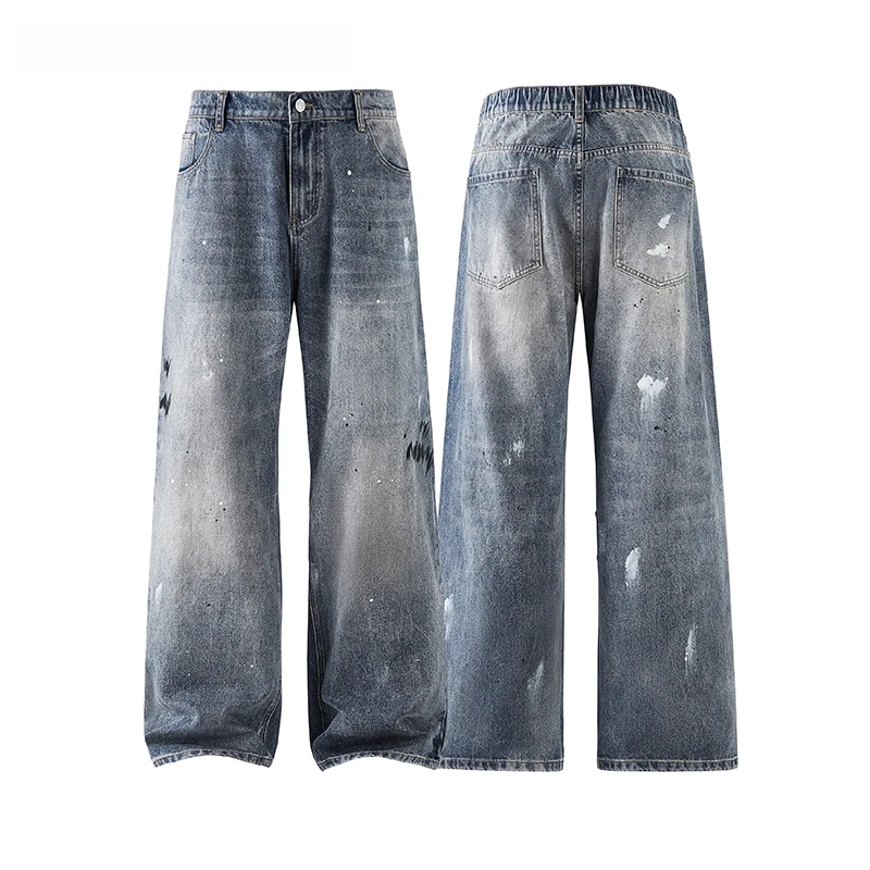 郑一穿搭 【泼墨涂鸦】半松紧显瘦男士水做旧直筒牛仔裤