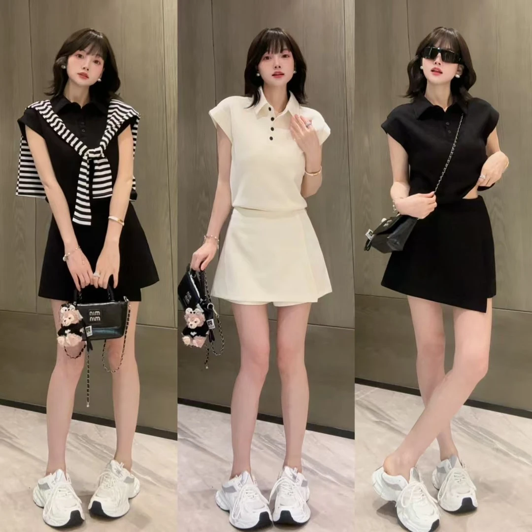 韩版减龄搭配休闲运动套装女夏新款时尚polo领短袖t恤+裤裙两件套