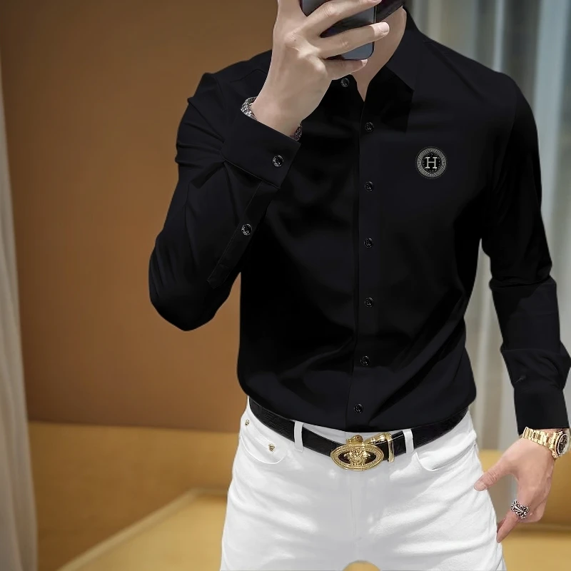 2025秋季新款男士潮流长袖时尚衬衫修身弹力免烫商务休闲烫钻衬衣