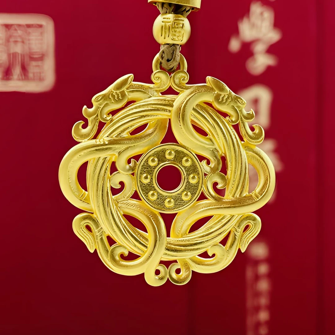 古法金·战国镂空绞丝龙纹佩吊坠·手工国潮传承复古金色精美挂坠