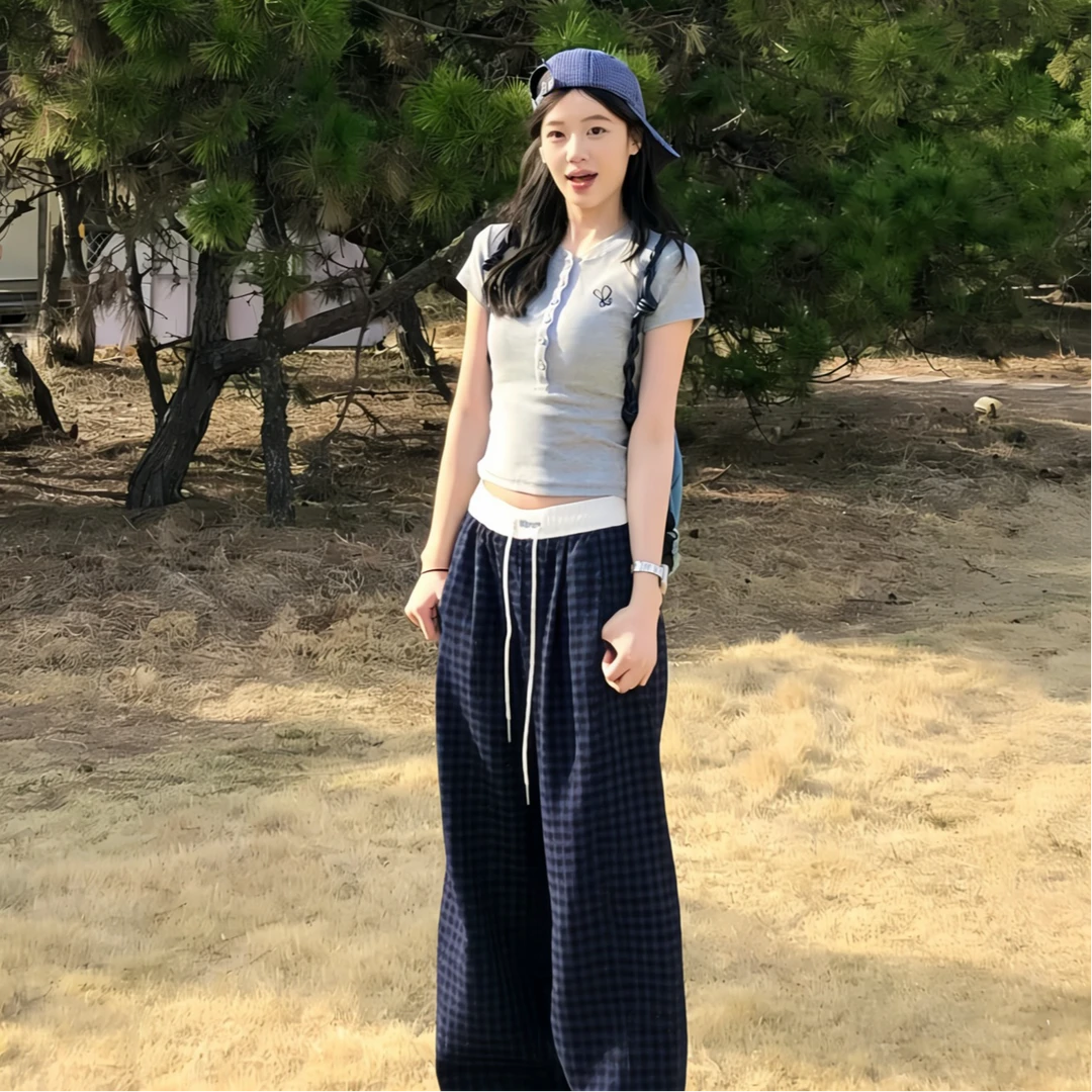 CHAOSHE-韩系女孩【深海雾蓝】拼接格子小弯刀休闲裤 cs8076