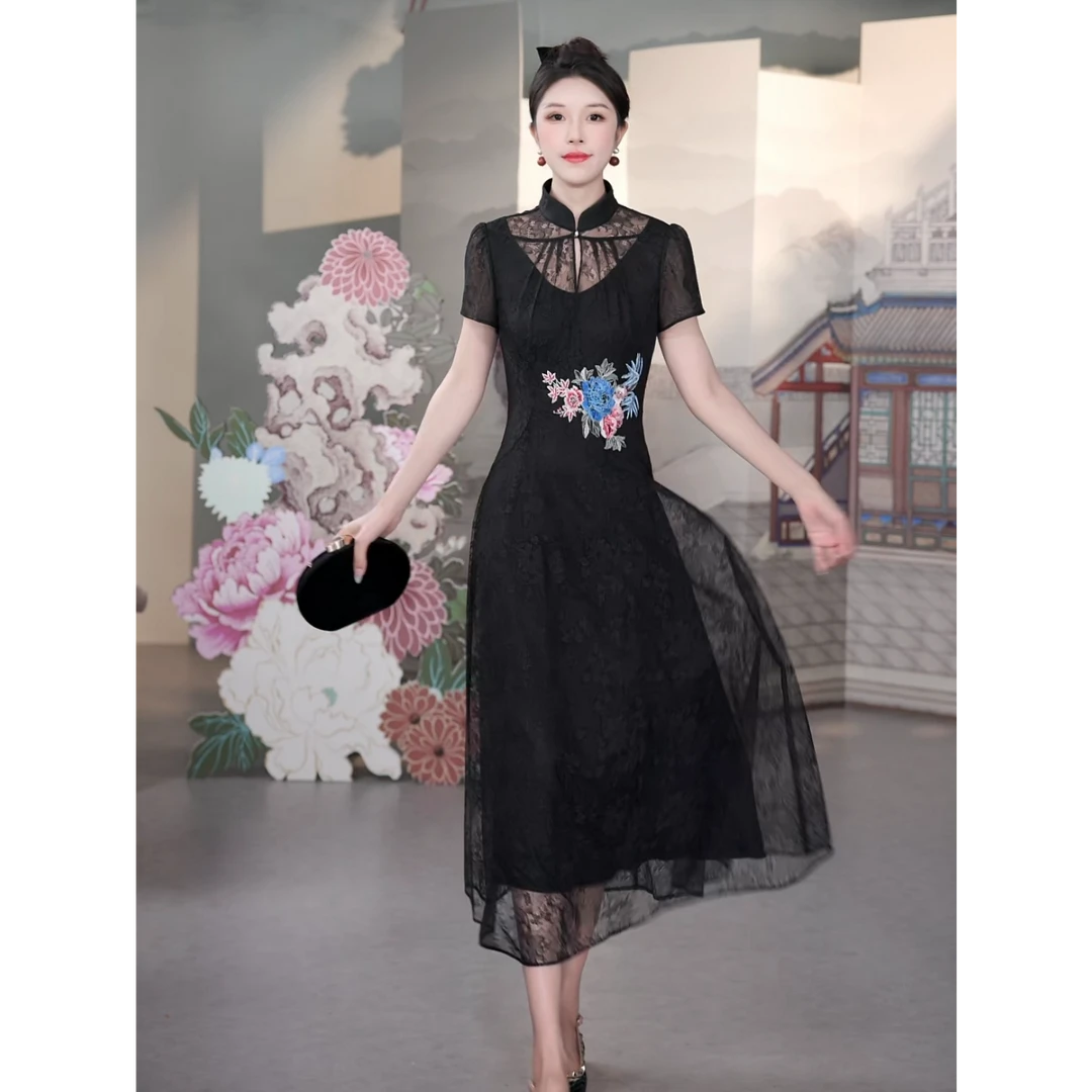 SUSSI/古色夏季中式立领泡泡短袖刺绣连衣裙