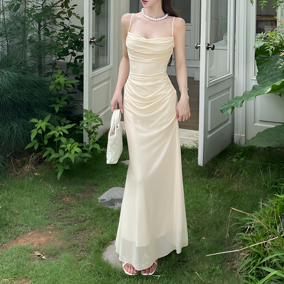 法式荡领吊带连衣裙夏季新款纯欲性感修身褶皱气质长款包臀鱼尾裙