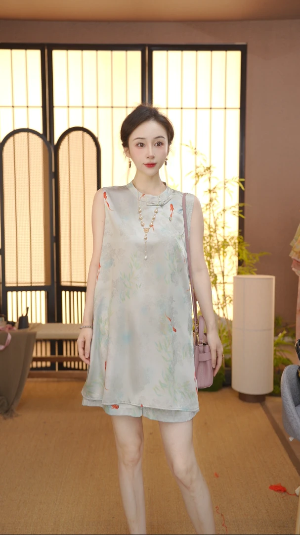 新中式2025夏季气质百搭提花立领短袖上衣裤子女FB25071320