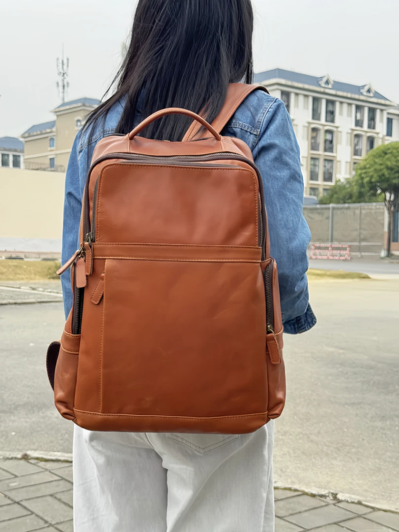 休闲双肩拉链电脑包背包光面男士双肩包户外欧美复古多功能39084