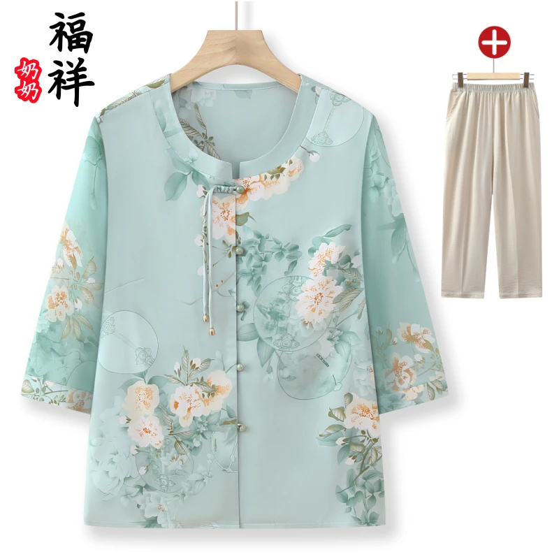 中老年人国风夏装妈妈装七分袖衬衫老人衣服奶奶装老太太夏季衣服