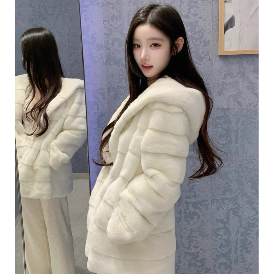 人造皮草 百搭粉色网红长袖中长款保暖常规女连帽毛绒人造皮草