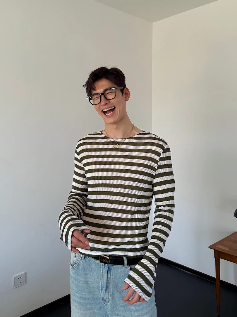 weave 夏日间奏 白绿条纹韩系慵懒轻薄宽松针织镂空罩衫长袖T恤