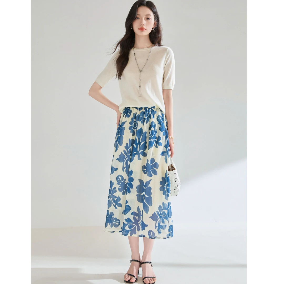 ED同款-胶囊 苎麻印花垂感干爽质地轻盈空氣感度假风半身裙25281