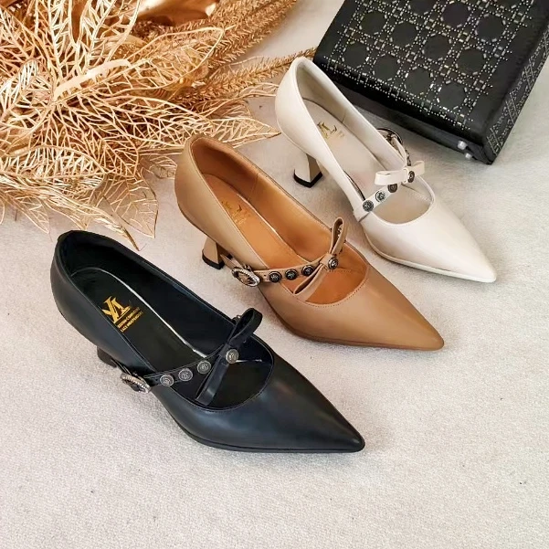 6CM春季蝴蝶结尖头女鞋时尚细跟轻奢高跟鞋优雅气质百搭真皮单鞋