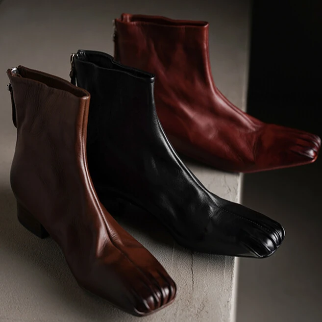 水洗意大利马皮~手工短靴女3CM粗跟靴子褶皱方头短筒靴KC -G352