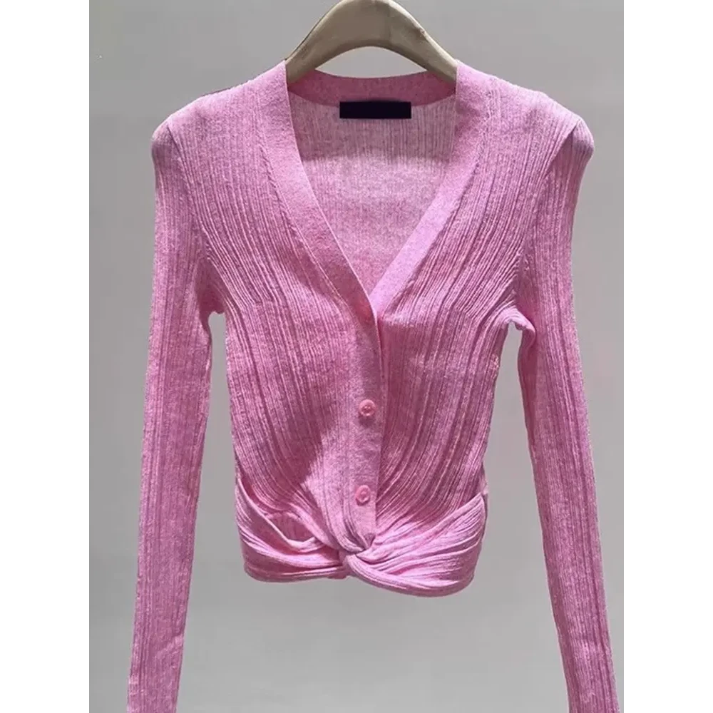 美貌色系！太好看了！高端好看薄款洋气氛围感短款粉色针织开衫女秋