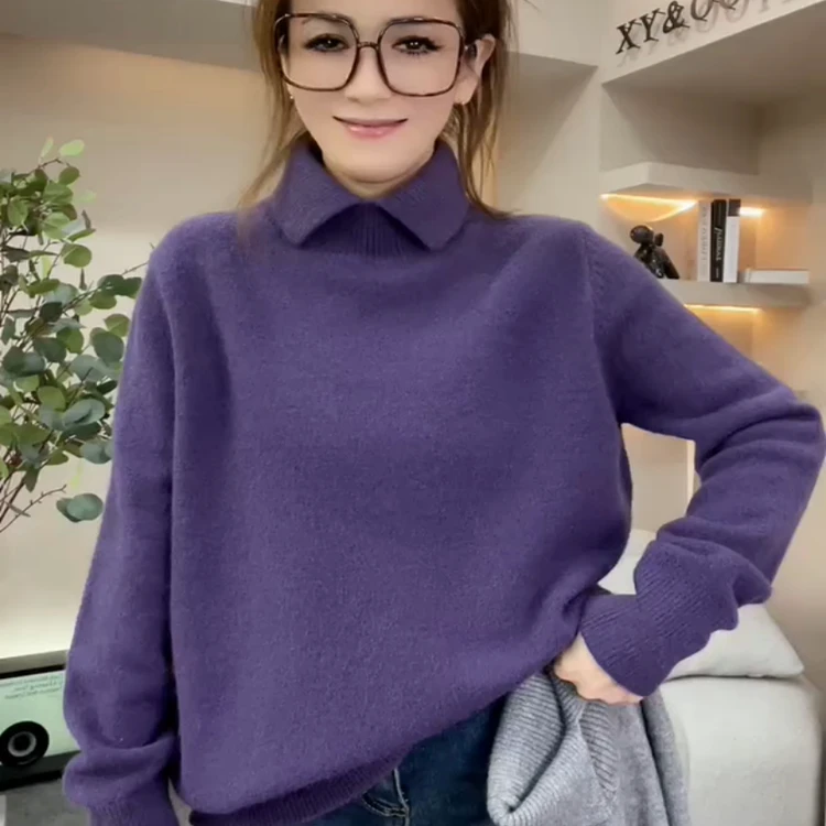 休闲风翻领纯色针织衫女2025秋冬新款百搭减龄显瘦遮肉打底上衣潮