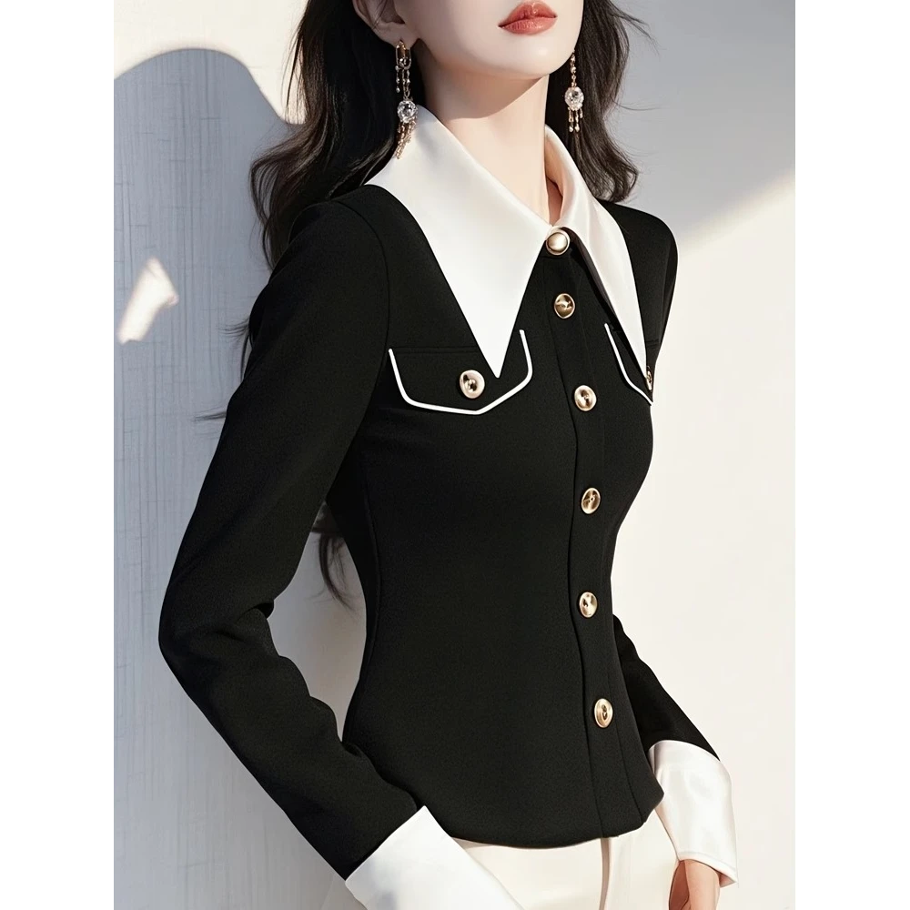 韩系职业气质轻熟风黑色翻领修身显瘦衬衫女2025年新款轻奢高级感