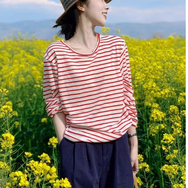 2025早秋款韩系简约小香风显瘦红色条纹T恤女宽松慵懒风长袖上衣
