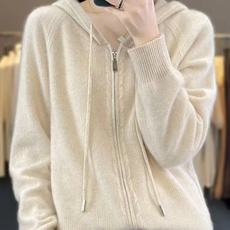 100纯羊毛拉链连帽开衫女上衣时尚D108清