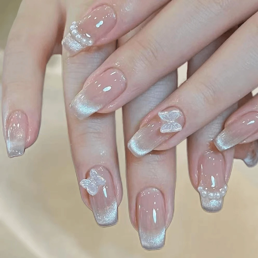 晶石猫眼蝴蝶珍珠美甲少女法式裸色穿戴甲学生新年聚会发财温柔