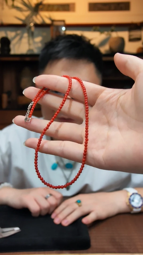 南红玛瑙颈链银S925镶嵌S925银南红小米珠颈链DN