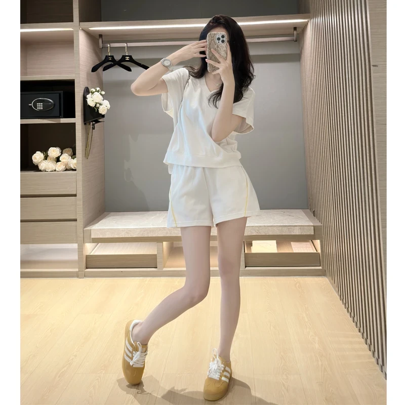 白色休闲运动套装女夏季宽松薄款时尚气质洋气短袖短裤两件套