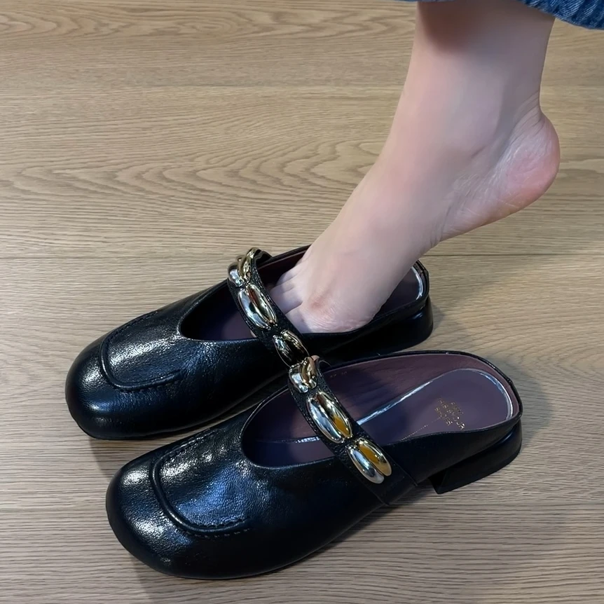 夏季新款包头拖鞋赫本简约半包凉拖鞋百搭真皮粗跟外穿凉拖女款