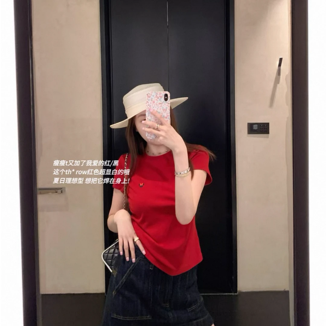 2025夏季新款设计感米奇时尚百搭简约正肩显瘦圆领刺绣短袖T恤女