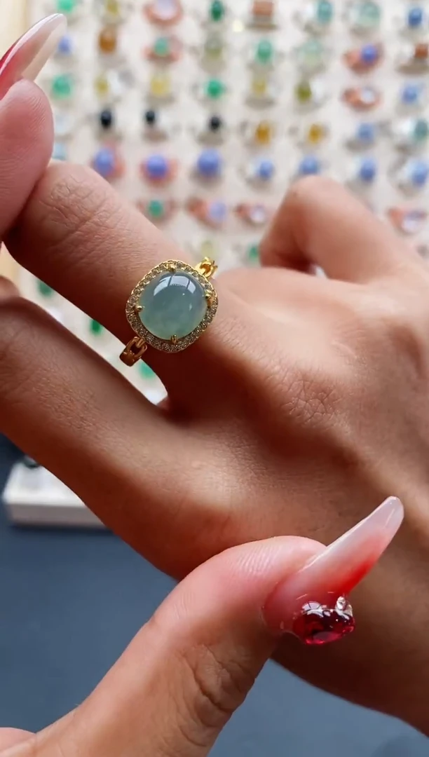 【闪购商品】翡翠戒指银S925镶嵌天然缅甸A货翡翠222 8+1