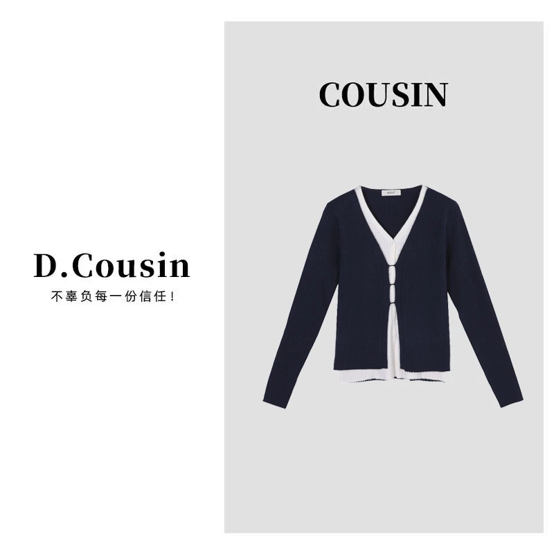 D.cousin 新款假两件设计感长袖辣妹风毛针织衫上衣女M9991