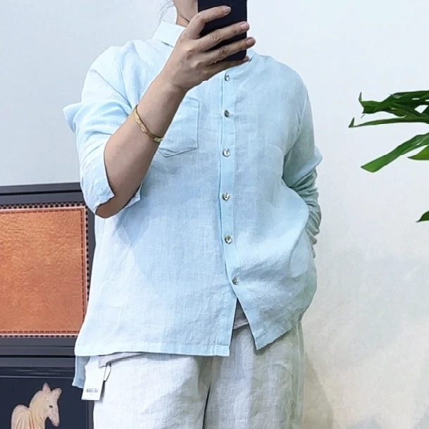 2025亚麻衬衫长袖纯色休闲上衣百搭时尚-9667