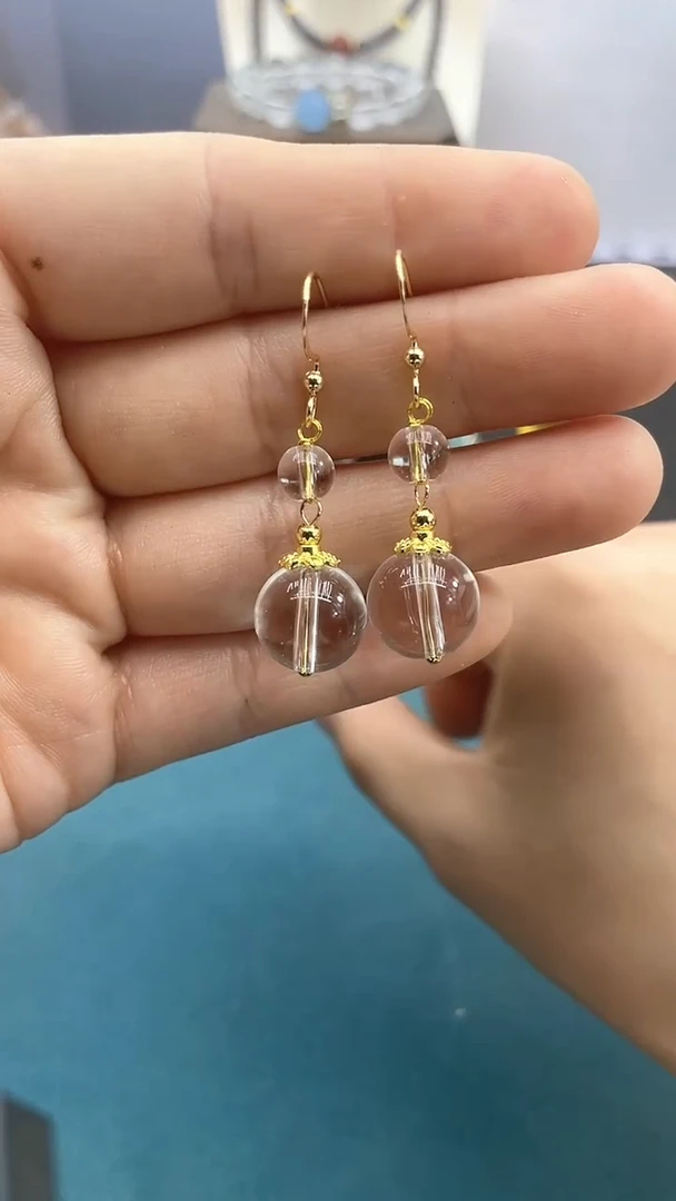 水晶耳饰14K金镶嵌白水晶双珠