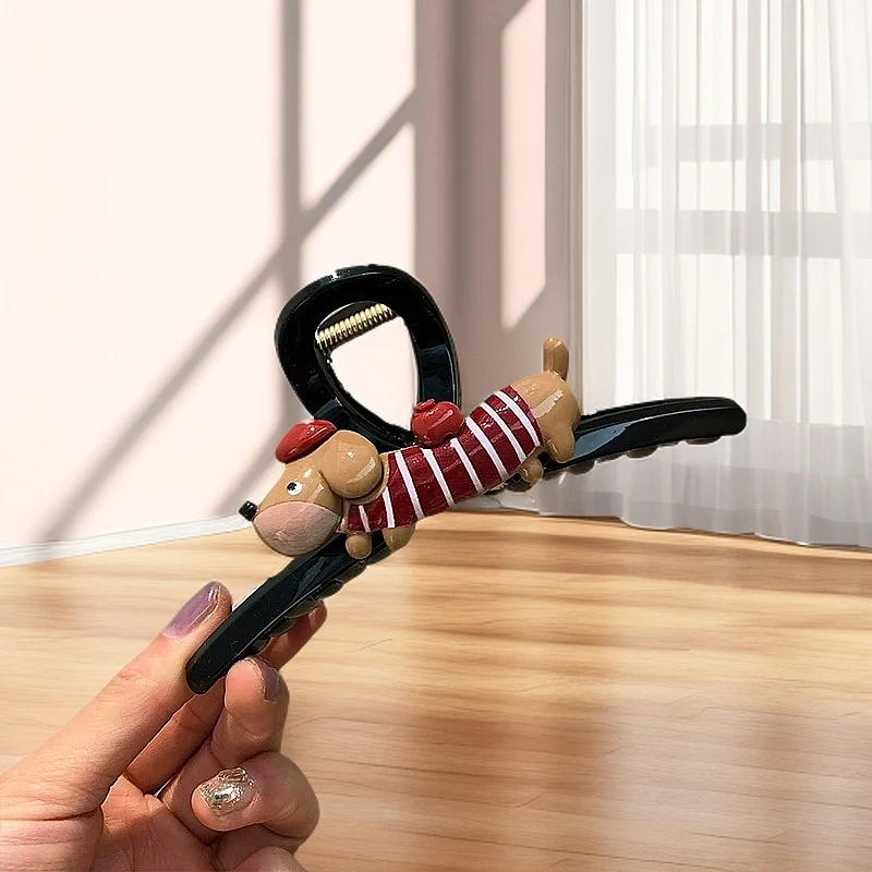 可爱卡通腊肠狗小狗发夹女新款后脑勺盘发鲨鱼夹发量多抓夹子2114