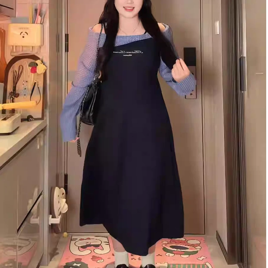 微胖mm学院风假两件一字肩连衣裙春季新款大码显瘦设计感小众裙子