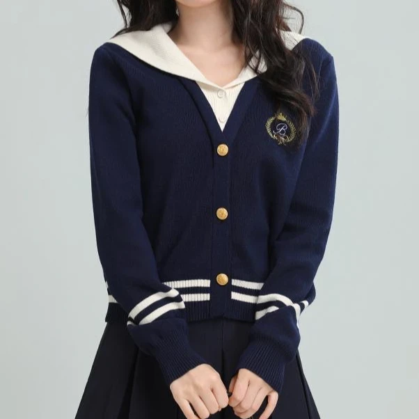 2025秋冬新款蓝色海军领针织开衫女学院风假两件撞色毛衣短款上衣
