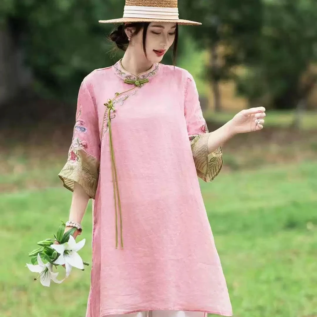 复古盘扣旗袍国风立领盘扣苎麻刺绣中长款连衣裙民族风裙子2025夏