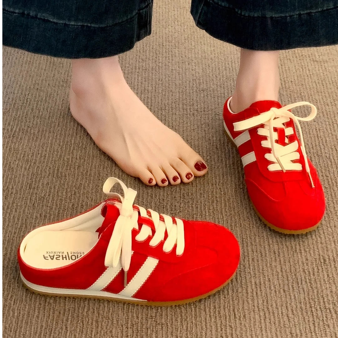 MK&DK包头半拖鞋女夏外穿2025新款超火无后跟红色德训鞋懒人一脚