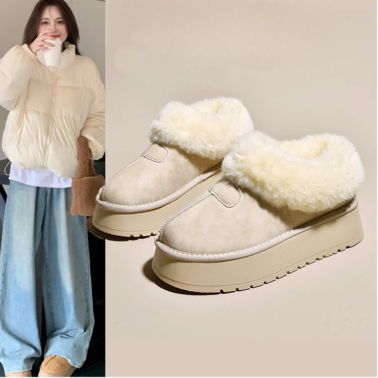 三福新款内增高雪地靴低帮棉鞋女2025冬季厚底一脚蹬外穿毛毛鞋子