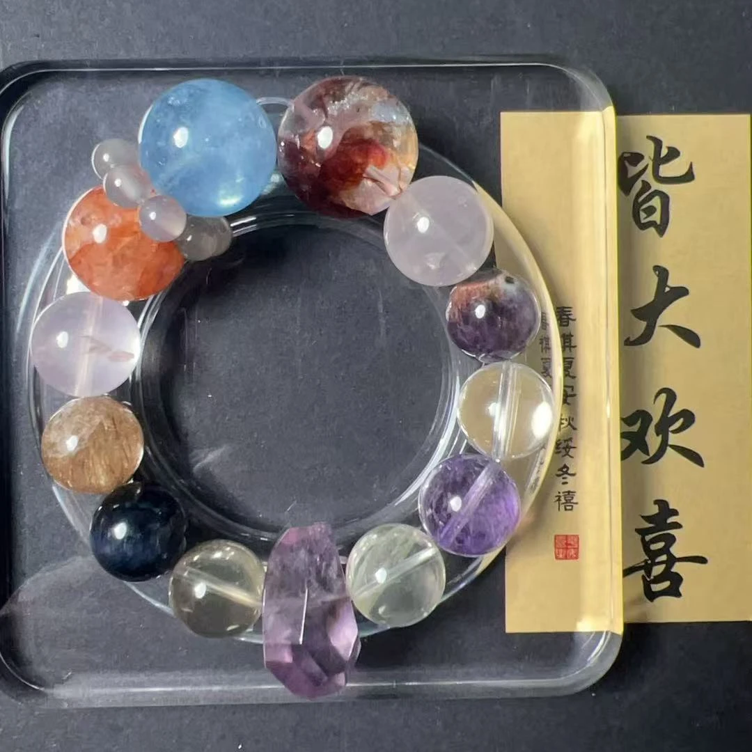 皆大欢喜 天然20mm主石海蓝宝 红闪灵 金发晶 紫超七随行手串