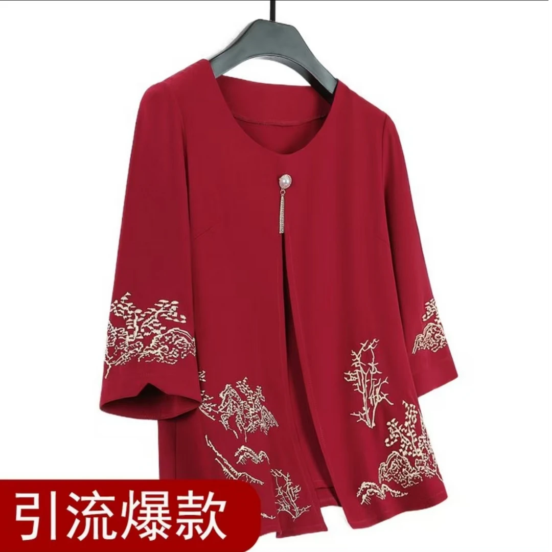 8358中年气质女装短袖T恤中老年夏季雪纺上衣（錱正）