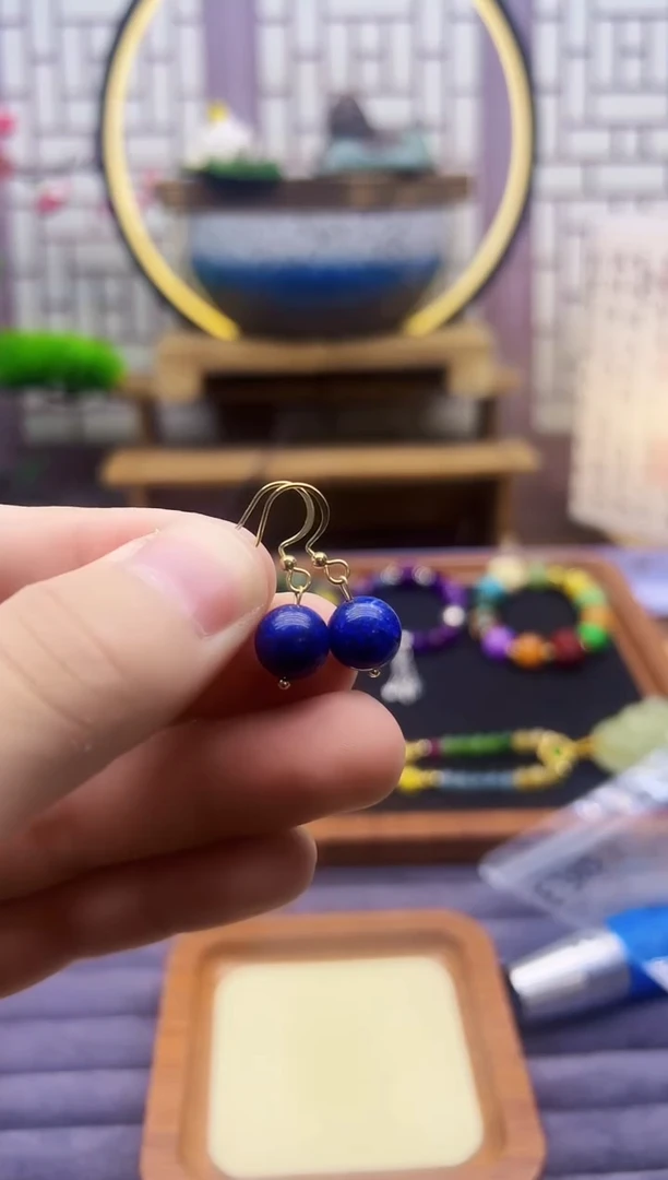 青金石14K金镶嵌耳饰E385