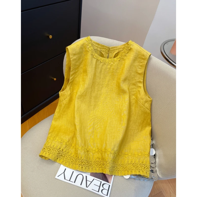 黄色花边刺绣苎麻无袖背心女2025夏季宽松圆领气质棉麻女装上衣