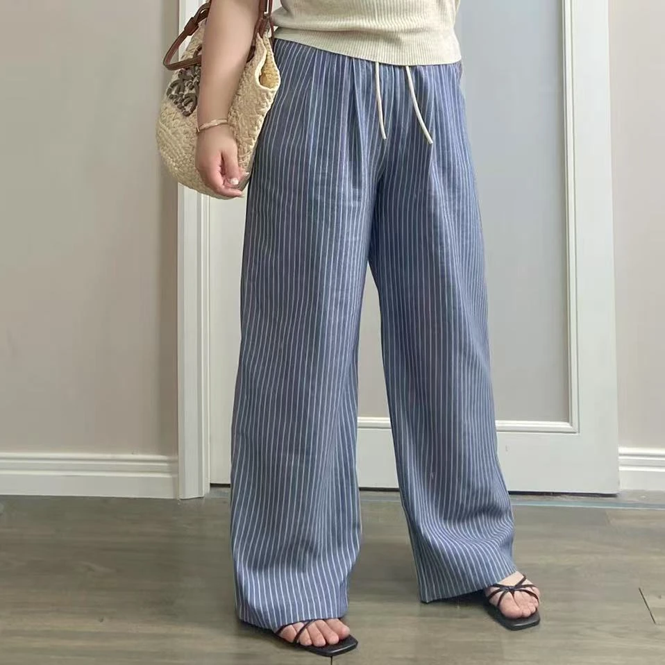 春日新款韩版松紧腰休闲慵懒条纹直筒裤