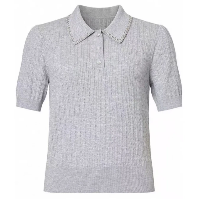 254011-LK 翻领法式针织短袖上衣温柔设计简约百搭