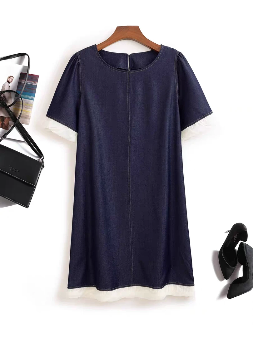 牛仔连衣裙2025夏季新款韩版时尚圆领短袖女宽松显瘦花边拼接裙子