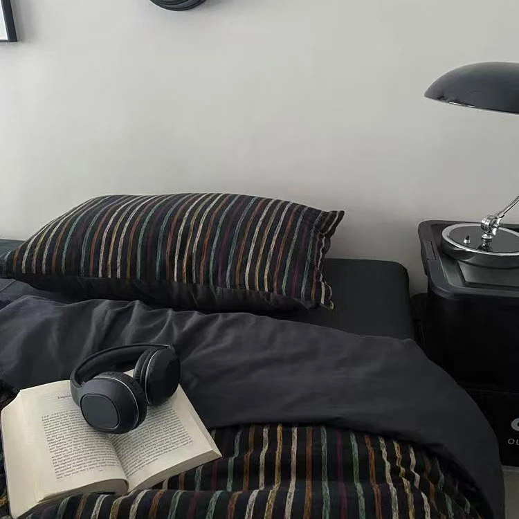 欧式ins高级感条纹四件套水洗棉工艺宿舍被套枕套床单三件套床品