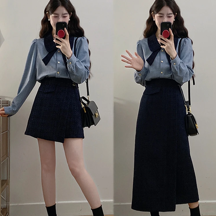 大码时尚高级感穿搭套装女春季法式衬衫胖MM遮肉显瘦半身裙两件套