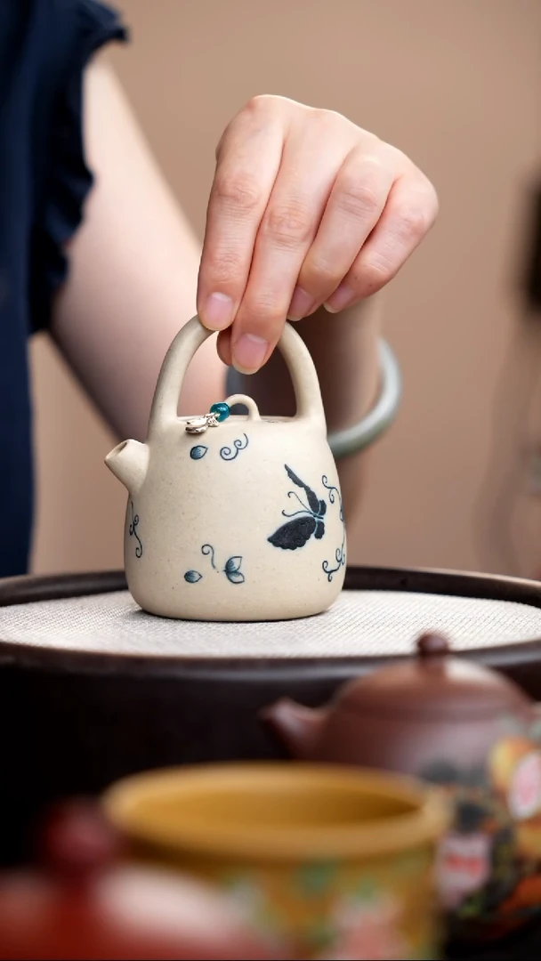 茶壶紫砂白玉段小肩包提梁010