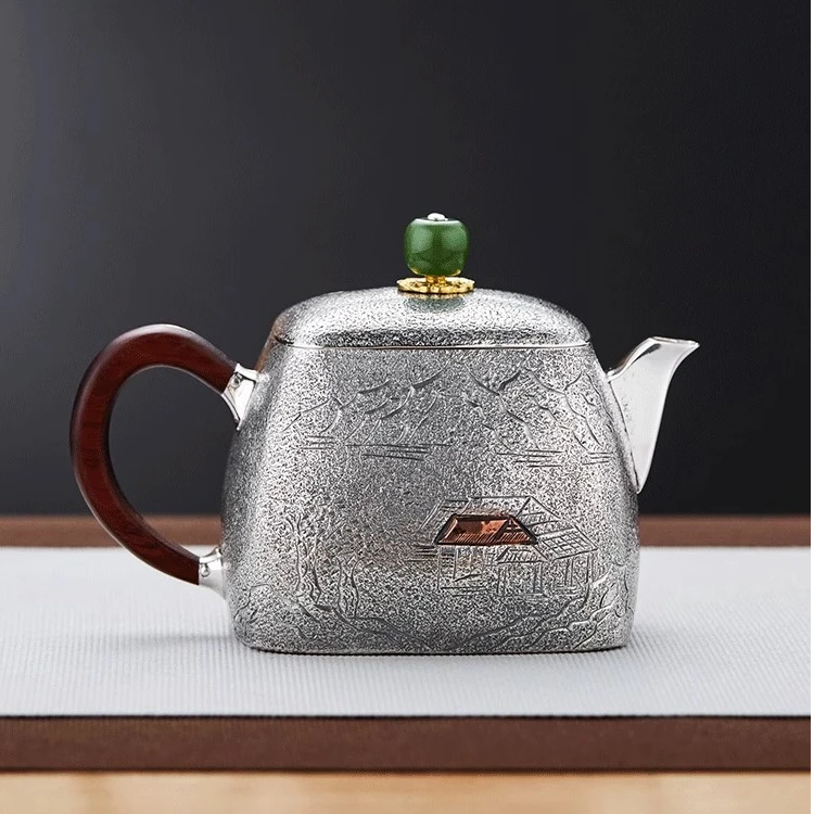 银壶999纯银泡茶壶手工錾刻山间林下图999足银小银壶茶壶功夫茶具