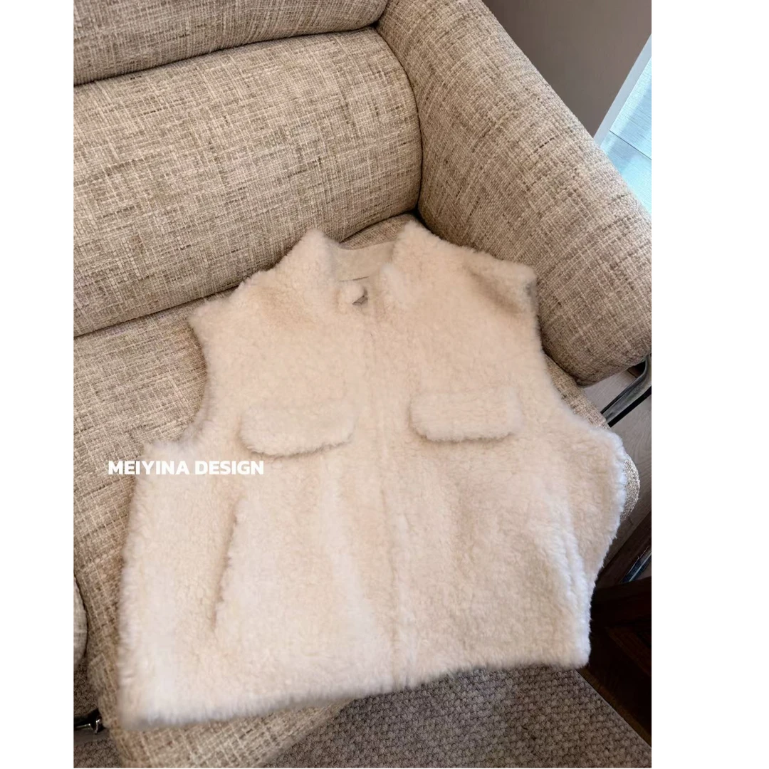 MEIYINA定制 韩系温柔100%羊毛真毛皮草立领皮毛一体无袖马甲