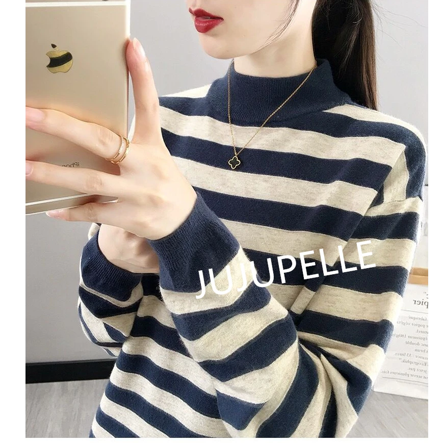 2024冬季新款气质宽松拼色条纹针织打底衫女韩版显瘦上衣毛衣套头