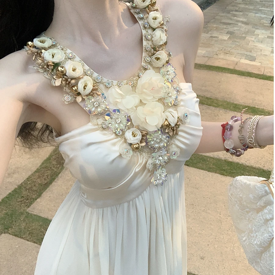 乔雅【芙洛拉】夏季时尚名媛风辣妹重工钉珠大钻花连衣裙雪纺长裙