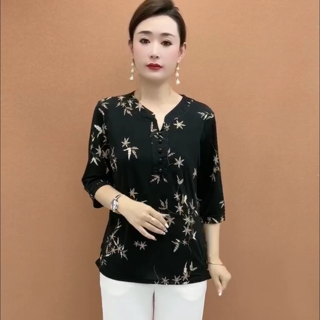 2025中老年女装印花女装极简风妈妈装时尚小衫纱网七分袖常规碎花